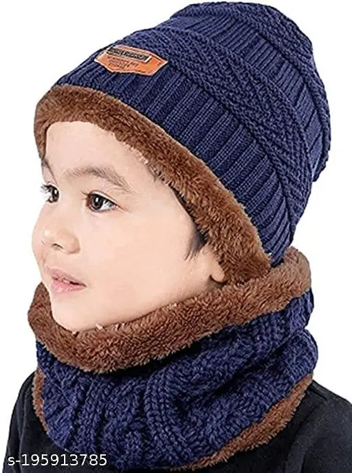Soft woolen winter beanie pack (2 pieces) for kids, unisex design with fur inside