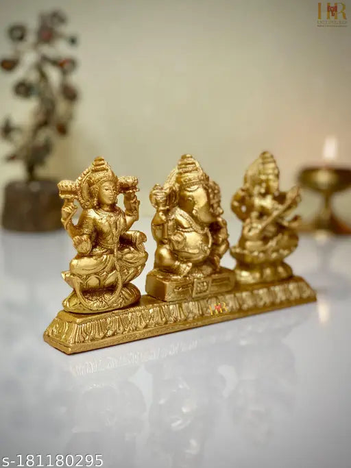 Gold poly resin Lakshmi Ganesh Saraswati idol for home decor and gifting
