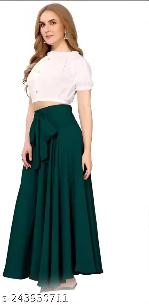 Green satin top with puff sleeves, high waist skirt with ruffle detail