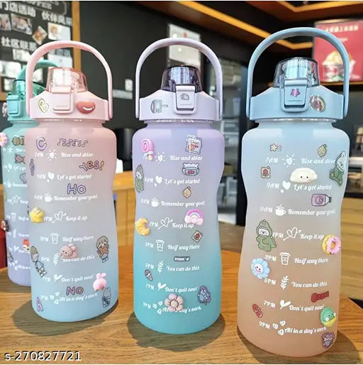 Multi-color motivational fitness water bottle with time marker, 2L capacity, BPA-free plastic, leak-proof design, suitable for sports and gym use