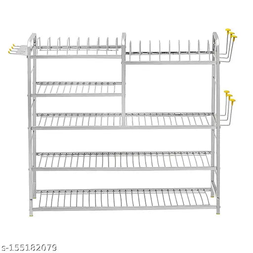 Stainless steel kitchen utensil rack, 31x30 inches, organizes dishes and cutlery on wall