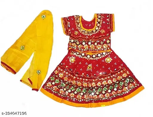 Embroidered cotton lehenga cholis for kids, beautiful embroidery on short-sleeved embellished top, 9-12 months size, Indian made