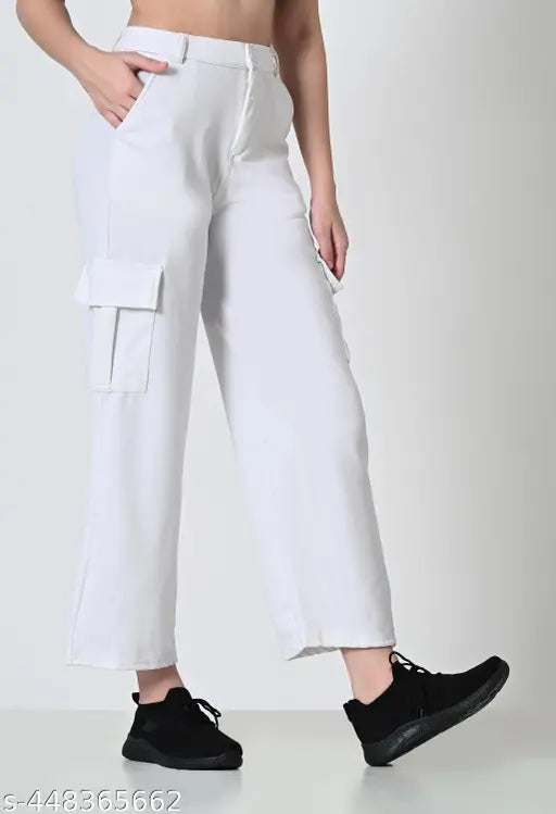 Trendy cotton blend 4-pocket white cargo pants for women and girls - solid, stylish essential for casual or active wear, Indian origin