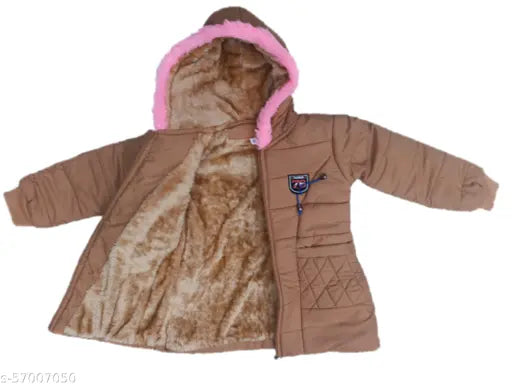 Pink hooded girls winter jacket, brown fur lining
