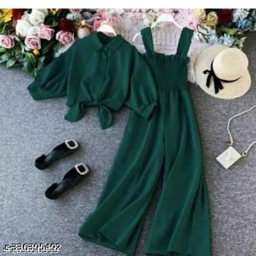 Trendy beautiful pearl crepe two-piece set jumpsuit for women & girls, stretch fabric, nice outfit looking good in sizes S, M, L (India origin)