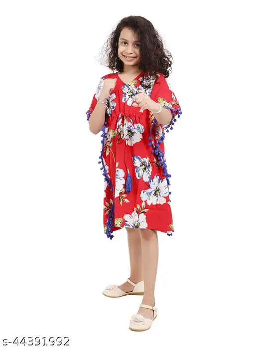 Rayon printed net kaftan dress for 4-5 years, Pom pom lace and tassels, Indian summer fashion accessory