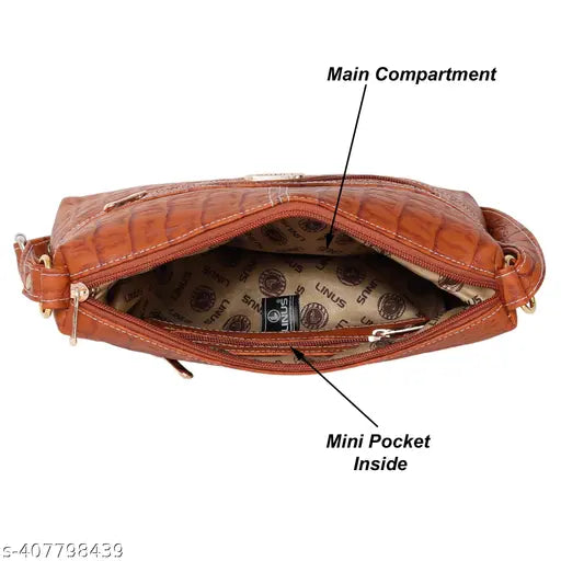 A fancy, stylish women's sling bag, trendy design, leather handle, main compartment, mini pocket inside