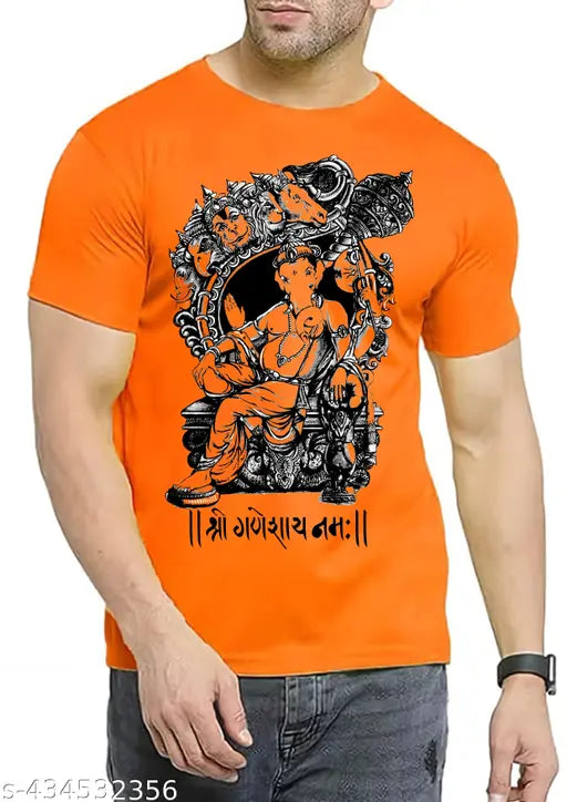 Indian-made Ganesh printed polyester t-shirt for men and boys, featuring short sleeves and vibrant design