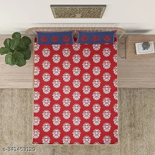 Red white flowers cotton flat sheets, ethnic motifs for summer, adult use, 2 pillow covers included (Double Queen)