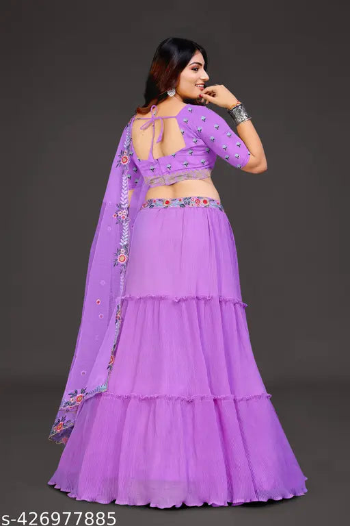 Embroidered Georgette Women's Choli & Dupatta Set (Semi-Stitched, Lehenga: 43in/109cm, Dupatta: 2.3m), India