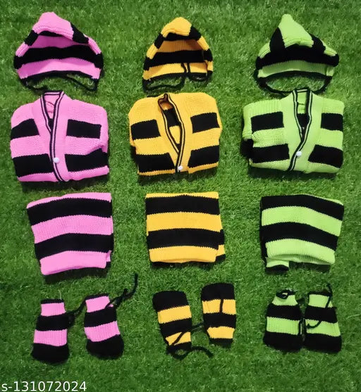 Polyester colorblocked winter set for infants: pink, yellow, green - includes sweater, payjamas, cap, and booties