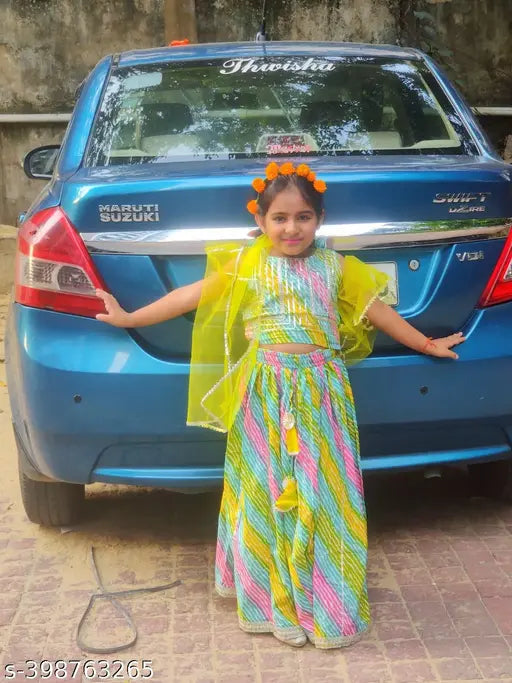 MultiColor cotton skirt top and net dupatta with Gota work for young girls, vibrant rainbow print and traditional ethnic wear