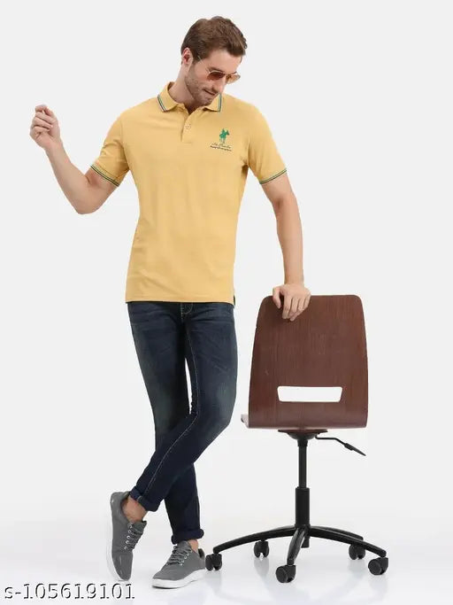 Mustard printed cotton polo t-shirt for men, short sleeves, XXXL size on display