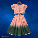 Colorblocked rayon lehenga choli set with short sleeves and printed pattern, Indian traditional clothing for girls aged 3-12 years