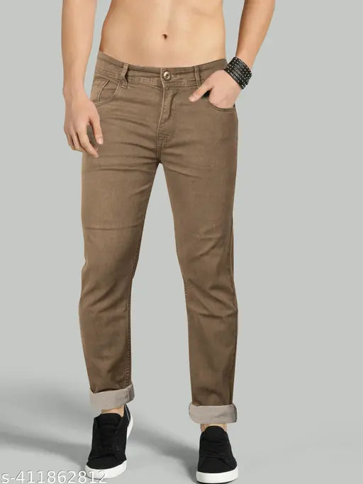 Beige Men's Comfort Fit Denim Jeans, solid mid-rise denim for regular fit and casual look. Available sizes: 30 (31W-42L-36H), 32 (33W-42L-38H), 34 (35W-42L-40H), 36 (37W-42L-42H), 38 (39W-42L-44H), 40 (41W-42L-46H). Made in India