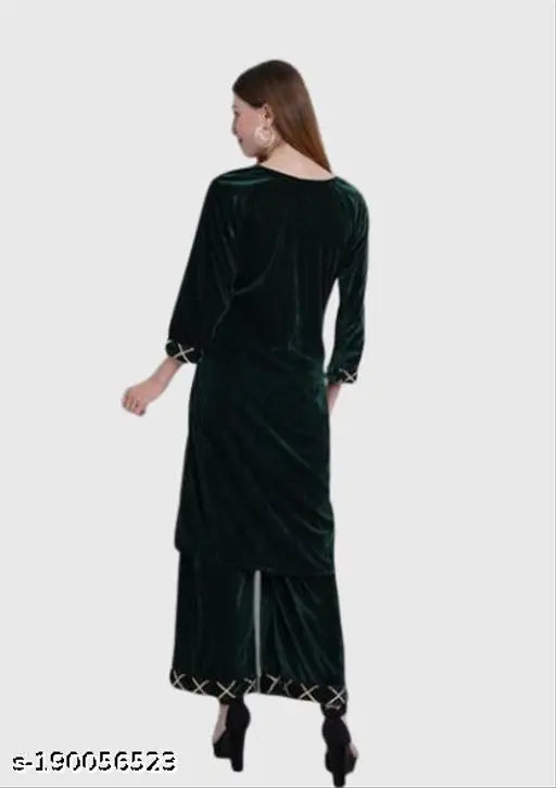 Velvet Solid Women's Kurta & Palazzos Set - Trendy, Luxurious, Indian Winter Wear