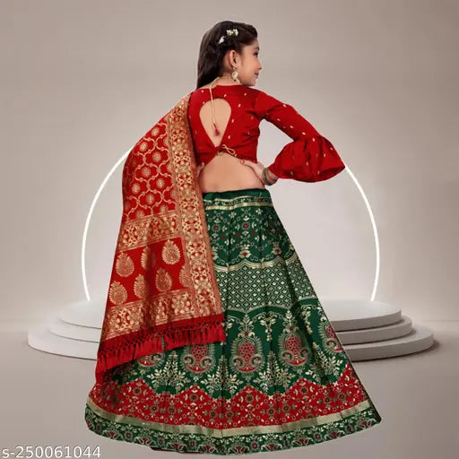 Green-Red Kids Nafiza Jute Cotton Lehenga & Jacquard Dupatta set, featuring floral stitch and three-quarter sleeves