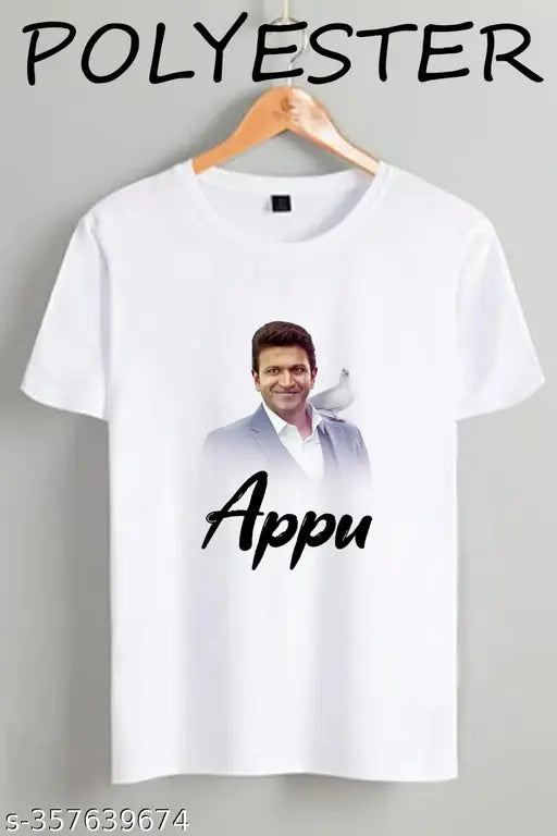 Appu White Pigeon, printed polyester short sleeve T-shirt featuring net pattern design. Latest Puneeth Rajkumar print tee from India