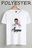 Appu White Pigeon, printed polyester short sleeve T-shirt featuring net pattern design. Latest Puneeth Rajkumar print tee from India