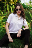 White recycled unisex polo t-shirt, short sleeves, solid pattern. Eco-friendly, quick-dry, breathable fabric with moisture wicking properties. Made in India