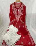 Red Lucknowi chikankari handwork embroidered mirror work gala booty kameez with cotton inner, sharara and dupatta