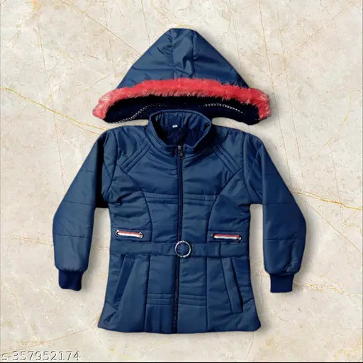 A navy blue hooded coat with a red fur trim