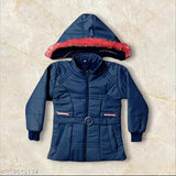 A navy blue hooded coat with a red fur trim