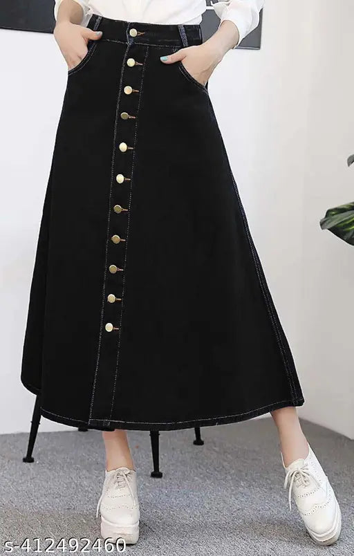 Z Black Open Buttoned ALine Maxi Denim Skirt - Main Image