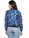 Poly cotton printed bomber jacket, women's full sleeve, camouflage design, fleece fabric, ribbed collar, front zipper, side pockets