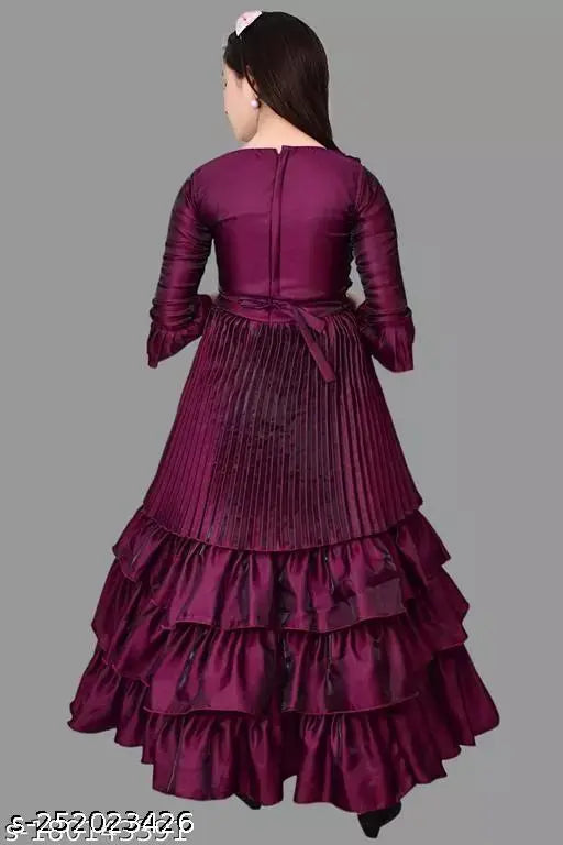 Premium stylish purple silk ethnic gown, three-quarter sleeves, embellished net, for 3-4 year old girls. Indian designer partywear for festivals and weddings