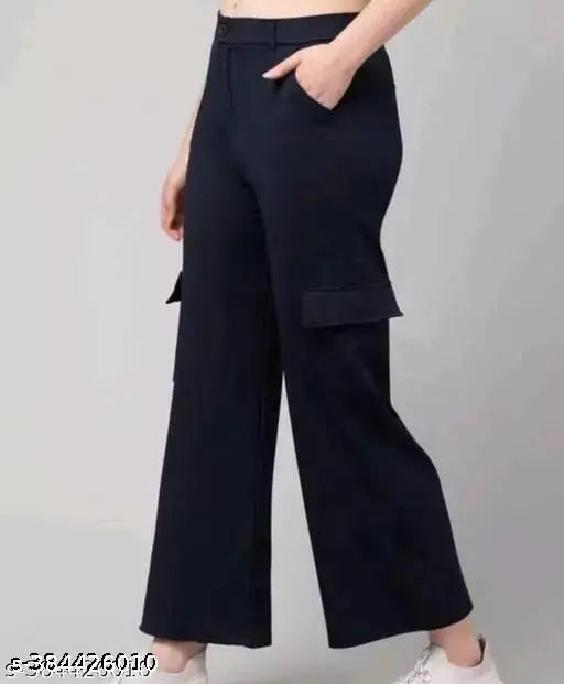Dark blue cargo pants with pockets and a zip fly
