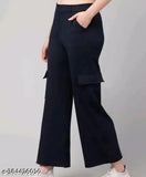 Dark blue cargo pants with pockets and a zip fly