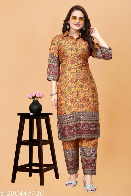 Stylish Mulmul & Cotton Linen Women's Kurta Set with Gold Print, Indian designer wear