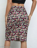 Printed net mid-length skirt for woman, fancy side cut, polyester, size 26 (waist 26in, length 25in), India origin