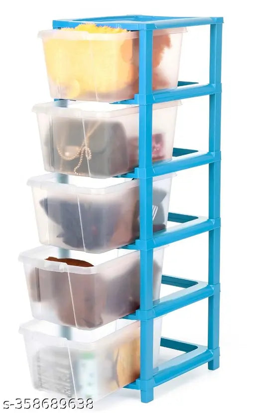 Five layer blue drawer organizer system with storage bins