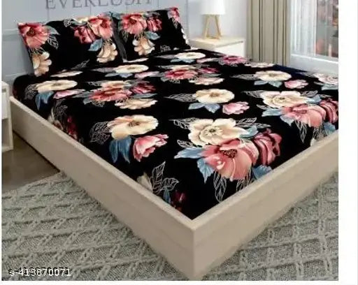 Black premium cotton elastic fitted bedsheets, double bed with floral print & 2 king size pillow covers, ideal for summer use