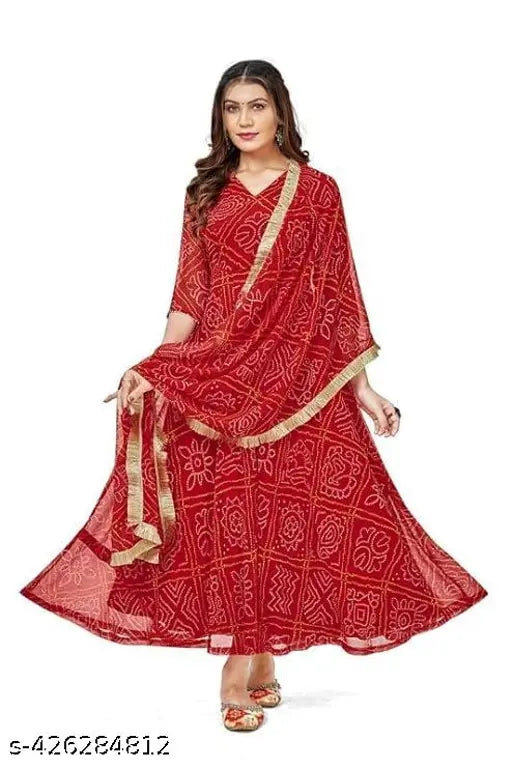Hand-dyed Bandhani Anarkali Kurta Set, traditional and elegant georgette kurti for festivewear. Three-quarter sleeve, single size set with dupatta, printed net design