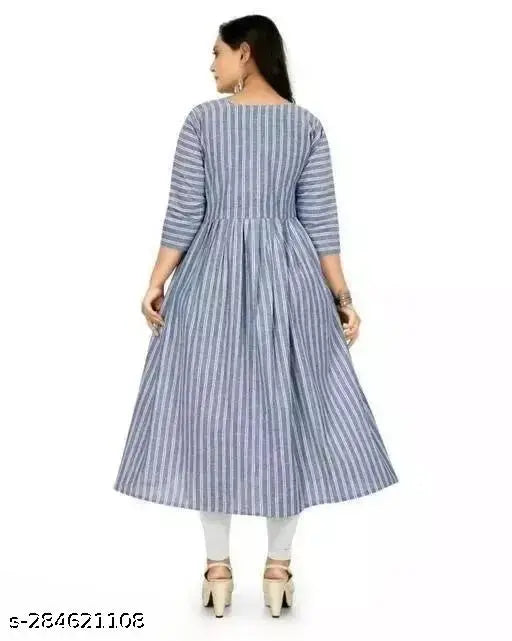 Striped cotton kurti in yellow, navy blue, purple, and green - breathable, comfortable, stylish clothing for women