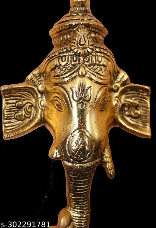 Metal Ganesh wall hanging idol showpiece, antique gold plated with traditional design, 3.5cmL x 13.5cmW x 22cmH, for entrance door, living room or office decor