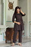 Soft cotton night suit with three-quarter sleeves, printed pattern, available in S, M, L, XL, XXL, XXXL. Indian-made comfortable sleepwear on display