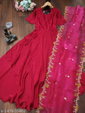 Golden Georgette Fensy gown with dupatta, intricate digital embroidery, Indian bridal wear