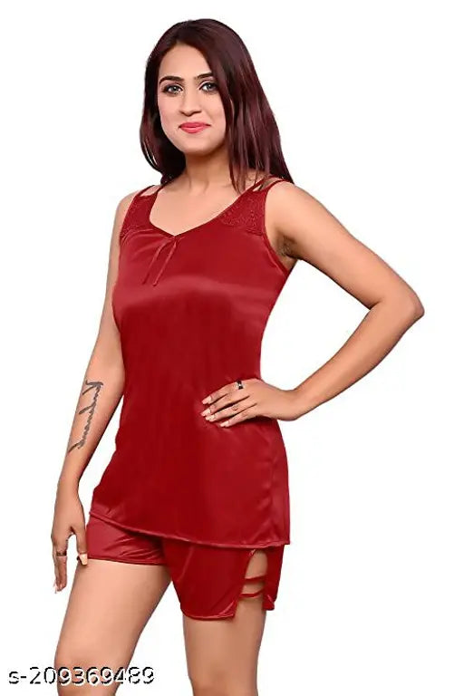 Maroon satin nightwear top & shorts set, comfortable and chic sleepwear for women