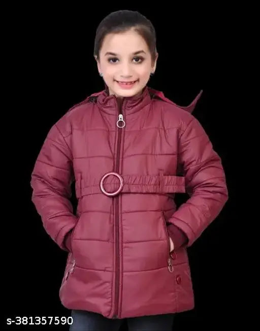 Maroon puffer jacket with fur trim, hood, and zip closure