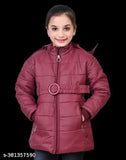 Maroon puffer jacket with fur trim, hood, and zip closure