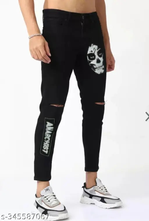 Black cotton man's party wear with skull print, casual jeans - sizes: 28, 30, 32 (India)