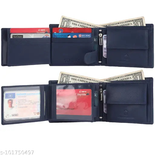 Blue genuine leather men's wallet with RFID protection, compact size, and multiple compartments. Perfect for daily essentials organization