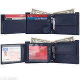 Blue genuine leather men's wallet with RFID protection, compact size, and multiple compartments. Perfect for daily essentials organization