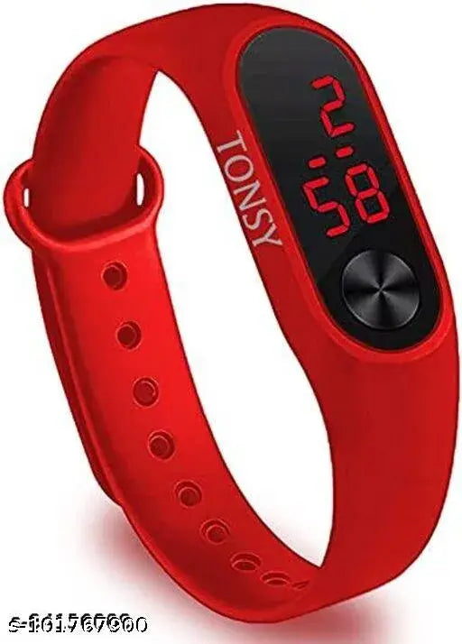 Red silicone band with black digital watch displaying time, date, and 'Tonsky