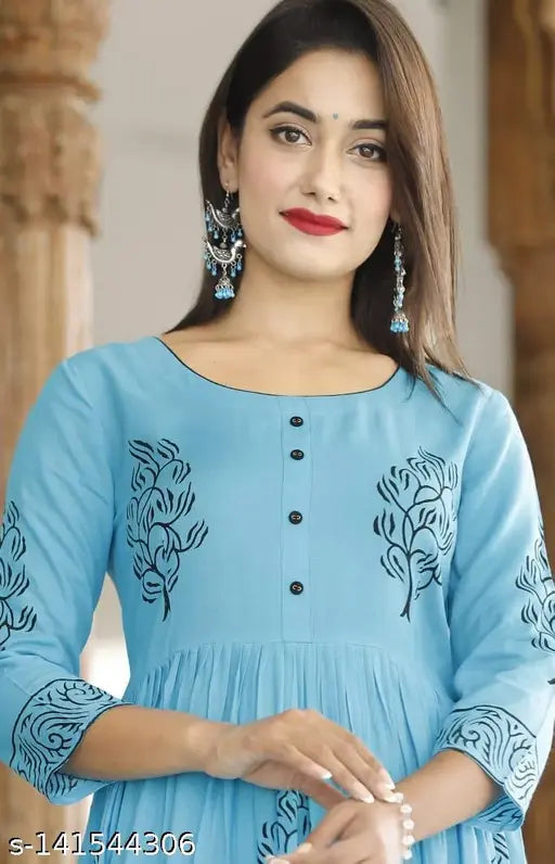 Aqua blue rayon anarkali hand block printed kurti with pallu