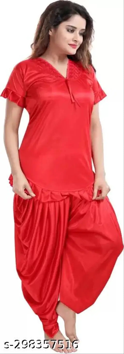Red silk satin nightsuit with patiala pants, perfect for ladies' nightwear. Soft and comfortable for a cozy sleep. Made in India